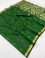 Exuberant Dark Green Pure Munga Cotton Saree With Flamboyant Blouse Piece