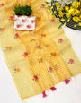 Lassitude Yellow Printed Linen Silk Saree With Snappy Blouse Piece