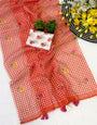 Assemblage Red Printed Linen Silk Saree With Amazing Blouse Piece