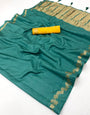 Embellished Rama Viscose Cotton Silk Saree With Fragrant Blouse Piece