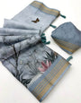 Staggering Grey Printed Cotton Silk Saree With Sempiternal Blouse Piece