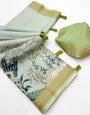 Luxuriant Pista Printed Cotton Silk Saree With Stylish Blouse Piece