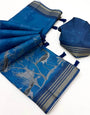 Enigmatic Blue Printed Cotton Silk Saree With Vibrant Blouse Piece
