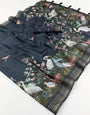 Magnetic Black Printed Cotton Silk Saree With Fairytale Blouse Piece