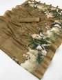 Delightful Brown Printed Cotton Silk Saree With Pleasant Blouse Piece