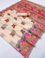Deserving Beige Pashmina Silk Saree With Flameboyant Blouse Piece