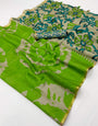 Flaunt Parrot Printed Cotton Silk Saree With Phenomenal Blouse Piece