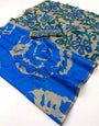 Elegant Royal Blue Printed Cotton Silk Saree With Jubilant Blouse Piece