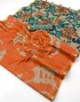 Engrossing Orange Printed Cotton Silk Saree With Scintilla Blouse Piece