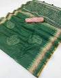 Stunning Dark Green Printed Cotton Silk Saree With Adorable Blouse Piece