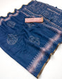 Impressive Navy Blue Printed Cotton Silk Saree With Glamorous Blouse Piece