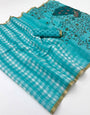 Flattering Firozi Printed Cotton Silk Saree With Adoring Blouse Piece