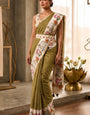 Unique Green Printed Cotton Silk Saree With Magnetic Blouse Piece