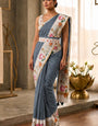 Mesmerising Grey Printed Cotton Silk Saree With Prominent Blouse Piece