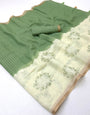 Comely Beige And Green Printed Cotton Silk Saree With Excellent Blouse Piece