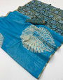 Eloquence Firozi Printed Cotton Silk Saree With Energetic Blouse Piece
