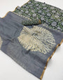 Gratifying Grey Printed Cotton Silk Saree With Exceptional Blouse Piece
