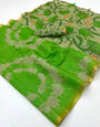 Glowing Green Printed Cotton Silk Saree With Angelic Blouse Piece