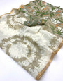 Impressive Off White Printed Cotton Silk Saree With Ravishing Blouse Piece