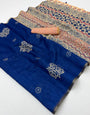 Innovative Royal Blue Printed Cotton Silk Saree With Beleaguer Blouse Piece