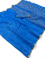 Demure Royal Blue Printed Cotton Silk Saree With Ornate Blouse Piece