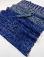 Precious Navy Blue Printed Cotton Silk Saree With Dulcet Blouse Piece