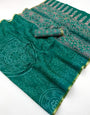 Outstanding Rama Printed Cotton Silk Saree With Skinny Blouse Piece