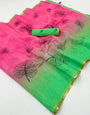 Adorable Pink and Green Printed Cotton Silk Saree With Enticing Blouse Piece