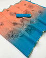 Ratatouille Peach and Blue Printed Cotton Silk Saree With Gorgeous Blouse Piece