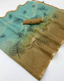 Traditional Sky and Brown Printed Cotton Silk Saree With Transcendent Blouse Piece