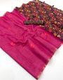 Blooming Dark Pink Printed Cotton Silk Saree With Elaborate Blouse Piece