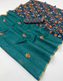 Enchanting Rama Printed Cotton Silk Saree With Incredible Blouse Piece