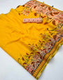 Tantalizing Yellow Printed Cotton Silk Saree With Elision Blouse Piece