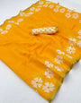 Delectable Yellow Printed Cotton Silk Saree With Snazzy Blouse Piece