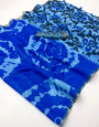 Artistic Royal Blue Printed Cotton Silk Saree With Flattering Blouse Piece