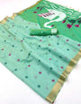 Dazzling Sea Green Pure Munga Cotton Silk Saree With Deserving Blouse Piece
