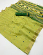 Bucolic Green Pure Munga Cotton Silk Saree With Prettiest Blouse Piece