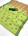 Blissful Pista Pure Munga Cotton Silk Saree With Jubilant Blouse Piece