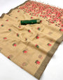 Stylish Beige Pure Munga Cotton Silk Saree With Denouement Blouse Piece
