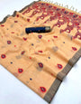 Appealing Peach Pure Munga Cotton Silk Saree With Ethnic Blouse Piece