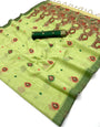 Scrumptious Pista Pure Munga Cotton Silk Saree With Admirable Blouse Piece