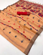 Enigmatic Peach Pure Munga Cotton Silk Saree With Allure Blouse Piece