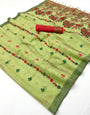 Sensational Pista Pure Munga Cotton Silk Saree With Glamorous Blouse Piece