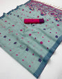 Lustrous Sea Green Pure Munga Cotton Silk Saree With Splendorous Blouse Piece