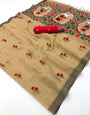 Trendy Beige Pure Munga Cotton Silk Saree With Gleaming Blouse Piece