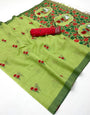 Vibrant Pista Pure Munga Cotton Silk Saree With Breathtaking Blouse Piece