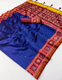Girlish Royal Blue Printed Patola Handloom Silk Saree With Trendy Blouse Piece