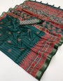 Beautiful Dark Green Ajrakh Printed Soft Silk Saree With Adorning Blouse Piece