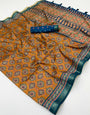 Propinquity Mustard Ajrakh Printed Soft Silk Saree With Scrupulous Blouse Piece