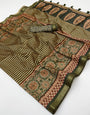 Designer Green Ajrakh Printed Soft Silk Saree With Innovative Blouse Piece